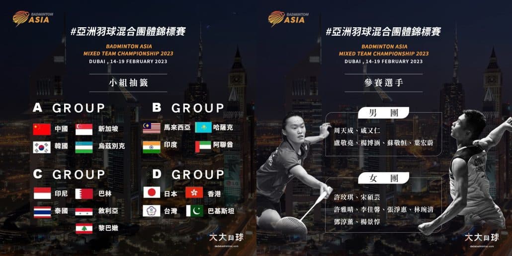 2023亞洲羽球混合團體錦標賽，台灣隊名單有周天成領軍出戰